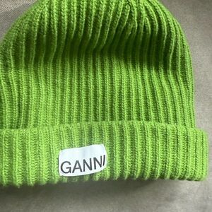 Ganni Neon Green Ribbed Knit Beanie